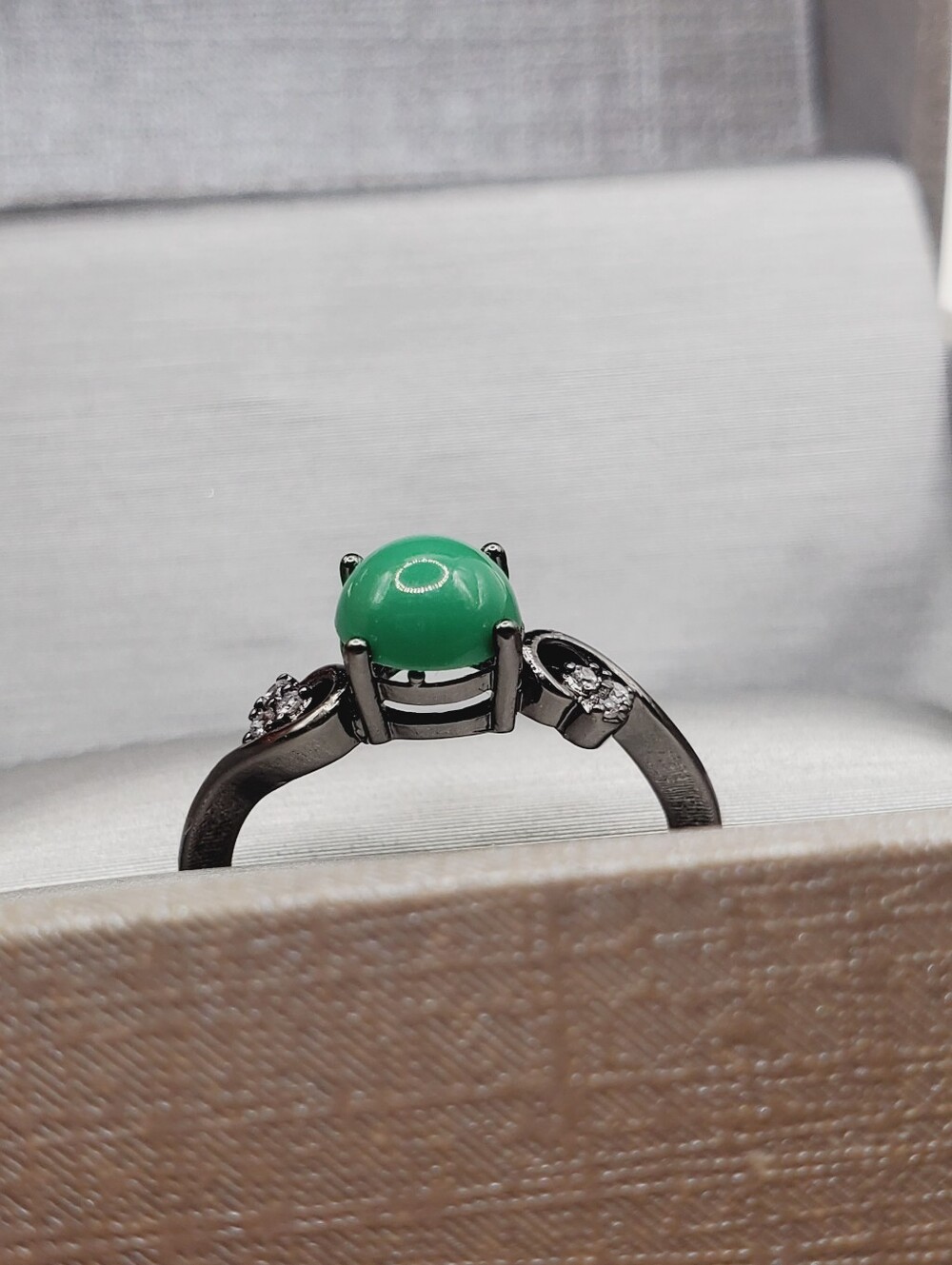 Imperial Green Jadeite Round Cabochon 4 Prong Solitaire Ring - Picture 2 of 7